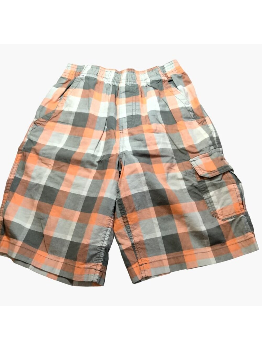 Basic Editions Cargo Shorts Boys L Large 10 12 Orange Plaid Elastic Waist